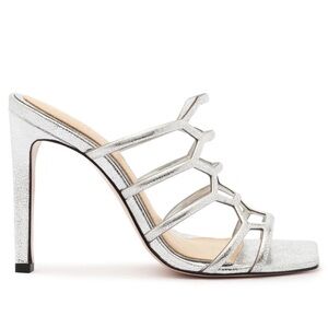 SCHUTZ Julianna Weekend Silver Metallic Leather Cage Square Toe Sandal NWB Sz 11